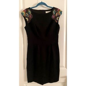 Trina Turk black embroidered shoulder sheath dress